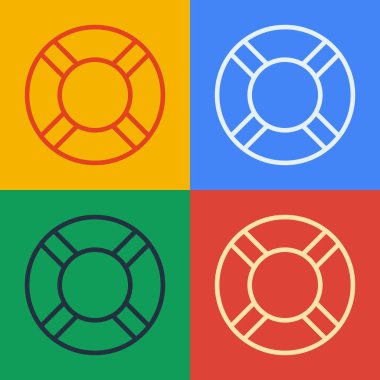 Pop sanat çizgisi Lifebuoy simgesi renk arkaplanında izole edildi. Hayat kurtaran yüzen can simidi plaj için, kurtarma kemeri insanları kurtarmak için. Vektör İllüstrasyonu