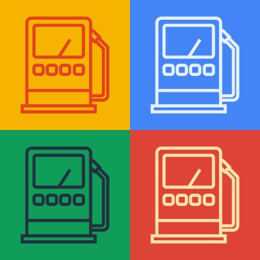 Pop Art Line Petrol ya da Benzin İstasyonu ikonu renk arkaplanında izole edilmiş. Araba yakıtı sembolü. Benzin pompası. Vektör İllüstrasyonu