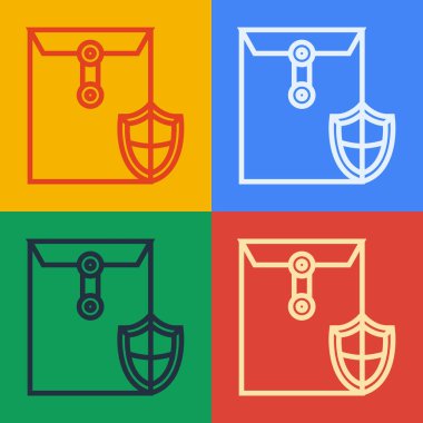 Pop sanat çizgisi Zarfı, renkli arkaplanda izole edilmiş bir kalkan simgesi. Sigorta konsepti. Güvenlik, güvenlik, koruma, konsept koruma. Vektör İllüstrasyonu