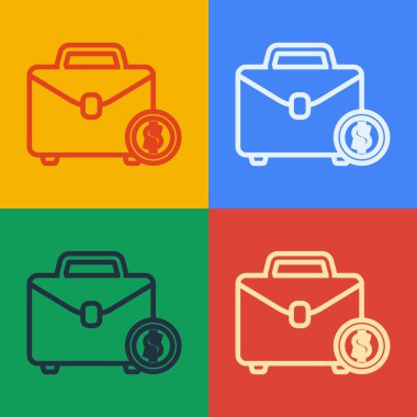 Pop sanat serisi evrak çantası ve para ikonu renk arkaplanında izole edilmiş. İş ilanı. İş portföyü. Vektör İllüstrasyonu