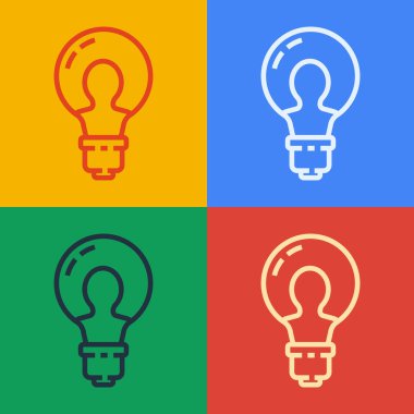 Renkli arka planda fikir ikonu kavramına sahip pop sanat çizgisi ampulü. Enerji ve fikir sembolü. İlham konsepti. Vektör İllüstrasyonu