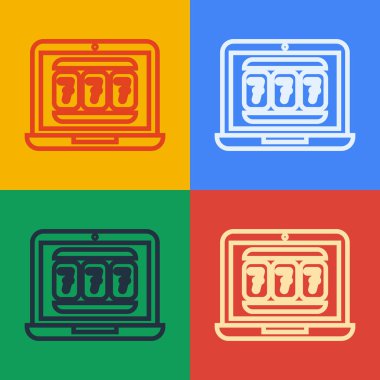 Pop Art Line Laptop ve slot makinesi. Arka planda izole edilmiş şanslı yedili ikramiye ikonu. İnternetteki kumarhane. Vektör İllüstrasyonu