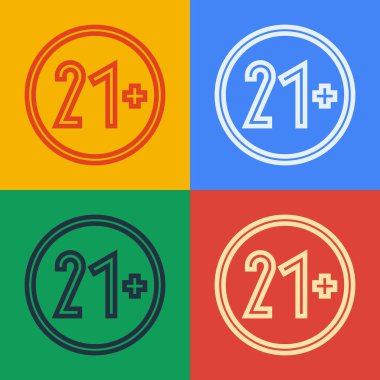 Pop sanat çizgisi 21 artı renkli arkaplanda izole edilmiş bir simge. Yetişkinlerin içerik simgesi. Vektör İllüstrasyonu