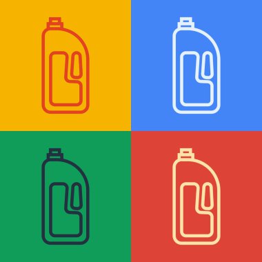 Renk arkaplanında lavabo açıcı simgesi olan pop sanat hattı kutusu. Plastik şişedeki deterjan. Vektör İllüstrasyonu