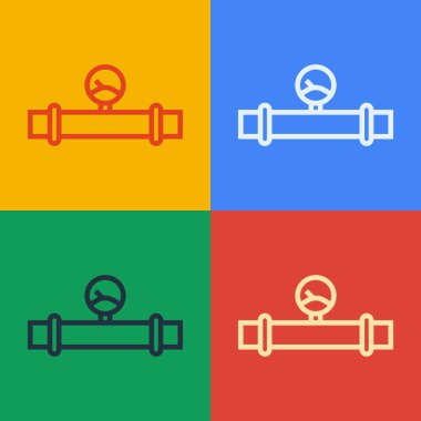 Pop Art Line Endüstrisi metalik boru ve manometre simgesi renk arkaplanında izole. Vektör İllüstrasyonu