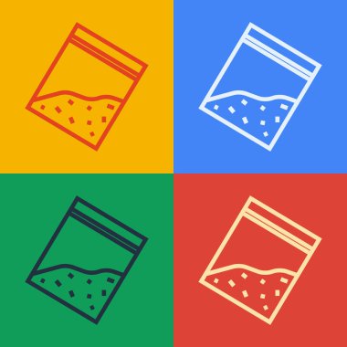 Pop sanat eseri plastik torba uyuşturucu ikonu renkli arka planda izole edilmiş. Sağlık tehlikesi. Vektör İllüstrasyonu