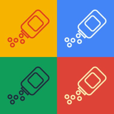 Pop sanat eseri ilaç şişesi ve renkli arka planda izole edilmiş hap ikonu. Şişe hapı işareti. Eczane tasarımı. Vektör İllüstrasyonu