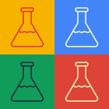 Pop sanat çizgisi test tüpü ve kimyasal test ikonu renk arkaplanında izole edilmiş. Laboratuvar cam levhası. Vektör İllüstrasyonu