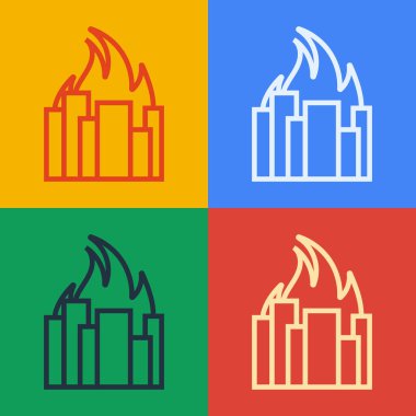 Şehir sokaklarının ikonunda yanan binalardaki Pop Art Line Fire renkli arka planda izole edildi. Yıkılmış şehir yanıyor. Vektör İllüstrasyonu