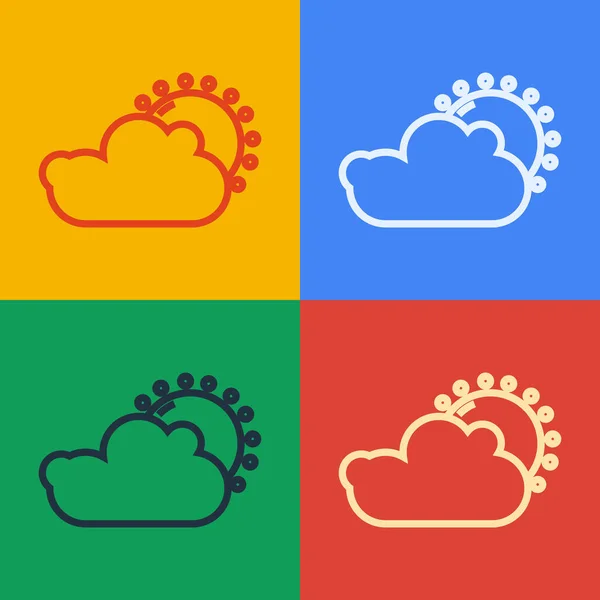 Pop-Art-Linie Sonne und Wolken Wetter-Symbol isoliert auf farbigem Hintergrund. Vektorillustration — Stockvektor