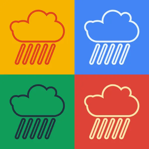 Поп-арт линии облака с иконкой дождя изолированы на цветном фоне. Осадки дождевых облаков с капельками дождя. Векторная миграция — стоковый вектор