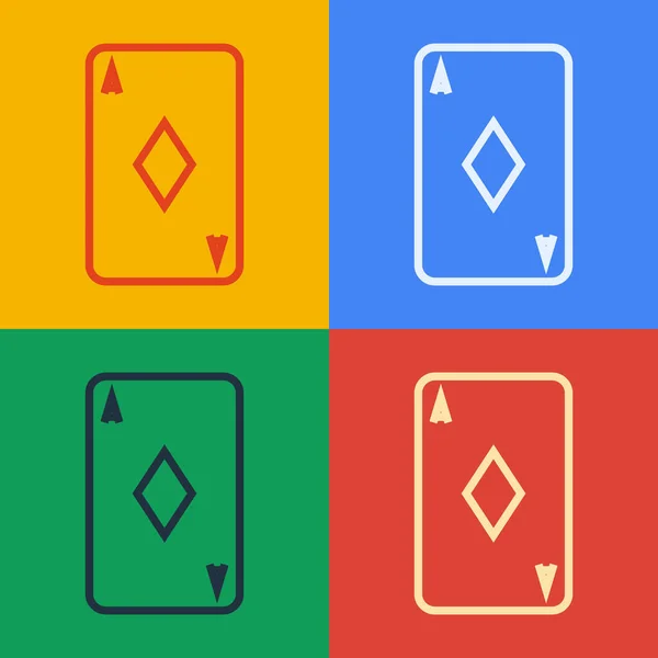 Pop-Art-Linie Spielkarte mit Diamanten Symbol auf farbigem Hintergrund isoliert. Casino-Glücksspiel. Vektorillustration — Stockvektor