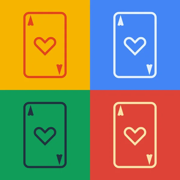 Pop art line Jogando cartão com ícone de símbolo de coração isolado no fundo de cor. Jogo de casino. Ilustração vetorial — Vetor de Stock