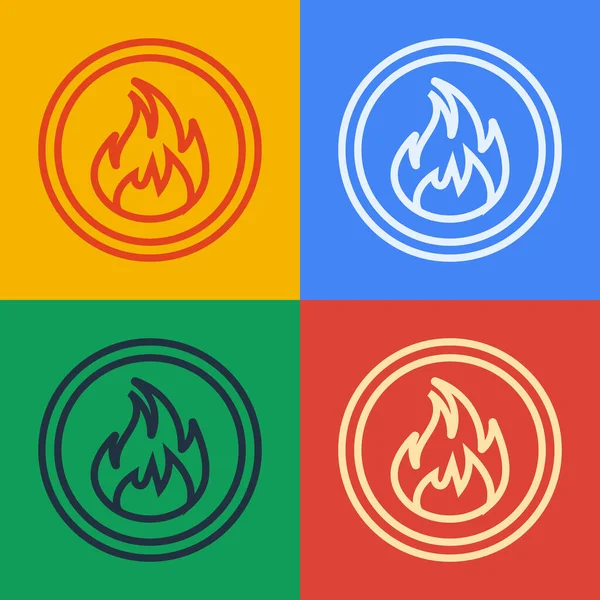 Pop-Art-Linie Feuerflamme Symbol isoliert auf farbigem Hintergrund. Vektorillustration — Stockvektor