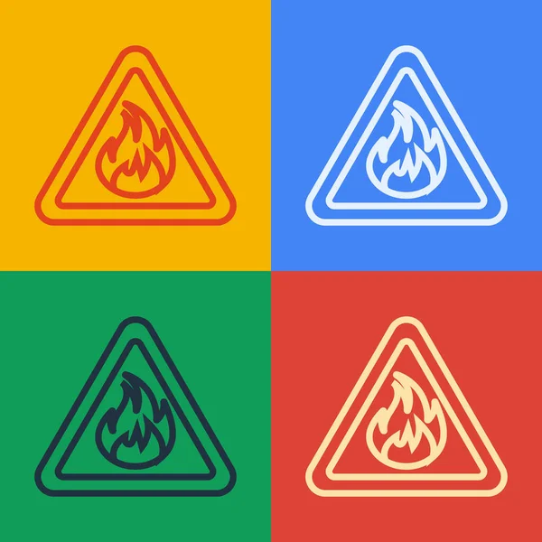 Pop art lijn Brand vlam in driehoek pictogram geïsoleerd op kleur achtergrond. Waarschuwing van ontvlambaar product. Vector Illustratie — Stockvector
