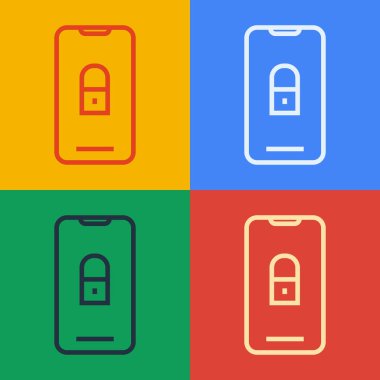 Kapalı asma kilit ikonuna sahip pop sanat eseri Smartphone renk arkaplanda izole edilmiş. Kilitli telefon. Gezici güvenlik, güvenlik, koruma konsepti. Vektör İllüstrasyonu