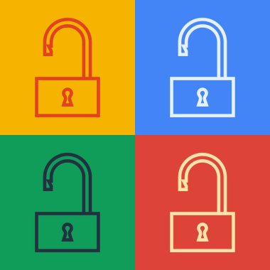 Pop Art Line Açık asma kilit simgesi renk arkaplanında izole edildi. Kilit açık işareti. Siber güvenlik kavramı. Dijital veri koruması. Vektör İllüstrasyonu
