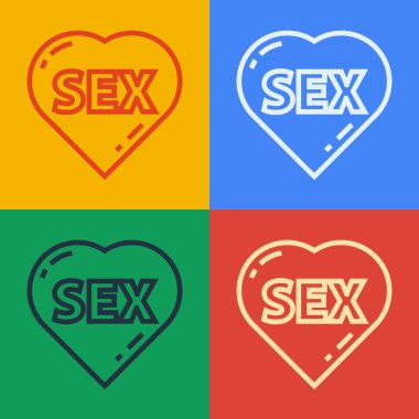 Pop sanat çizgisi Heart 'ın renkli arka planında Sex ikonu var. Yetişkinlerin içeriği sadece simgedir. Vektör İllüstrasyonu