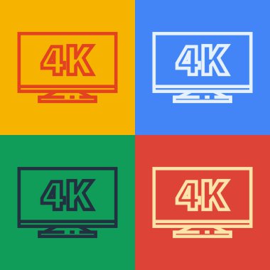 Arkaplanda 4k Ultra Hd video teknolojisi ikonu bulunan Pop Art Line Screen TV. Vektör İllüstrasyonu