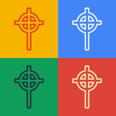 Pop sanat çizgisi Hıristiyan çapraz simgesi renk arkaplanında izole edildi. Kilise haçı. Vektör İllüstrasyonu