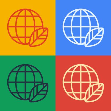 Pop sanat çizgisi Dünya küresi ve yaprak ikonu renk arkaplanında izole edilmiş. Dünya ya da Dünya işareti. Geometrik şekiller. Çevresel konsept. Vektör İllüstrasyonu