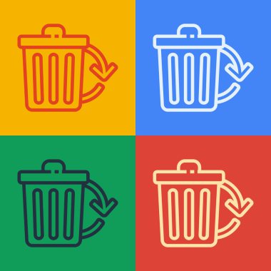 Renk arkaplanında izole edilmiş geri dönüşüm sembolü olan pop sanat hattı geri dönüşüm kutusu. Çöp kutusu simgesi. Çöp kutusu tabelası. Geri dönüşüm sepeti işareti. Vektör İllüstrasyonu