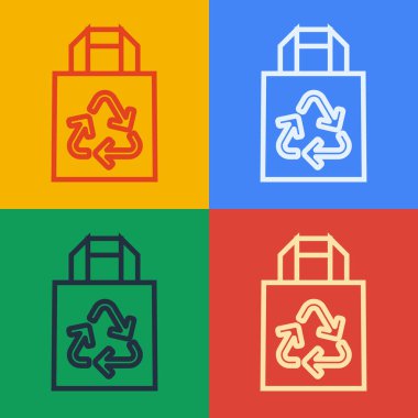 Renkli arka planda izole edilmiş geri dönüşüm ikonlu kağıt alışveriş torbası. Geri dönüşüm sembollü çanta. Vektör İllüstrasyonu