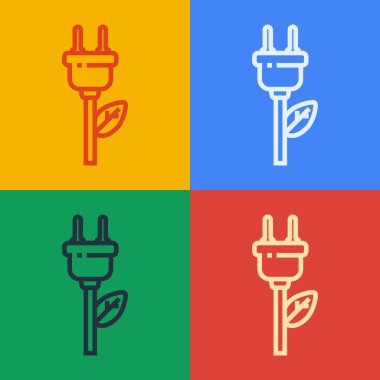 Yaprak simgesindeki elektrik prizi renk arkaplanında izole edildi. Elektrik tasarrufu. Çevresel koruma. Biyolojik enerji. Vektör İllüstrasyonu