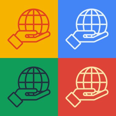 Pop sanat çizgisi, Dünya 'nın simgesini tutan insan eli renk arkaplanında izole. Dünya kavramını sakla. Vektör İllüstrasyonu