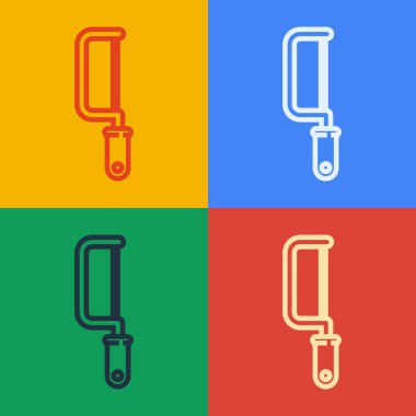 Pop sanat eseri Hacksaw simgesi renk arkaplanında izole edildi. Tahta ve metal testeresi. Vektör İllüstrasyonu