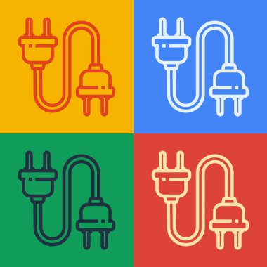 Pop sanat eseri elektrik prizi simgesi renk arkaplanında izole edildi. Bağlantı kavramı ve elektriğin kesilmesi. Vektör İllüstrasyonu