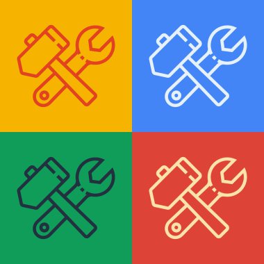 Pop sanat çizgisi çekiç ve ingiliz anahtarı simgesini renk arkaplanında izole etmiş. Donanım aletleri. Vektör İllüstrasyonu