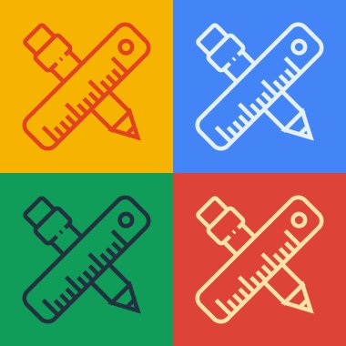 Pop sanat çizgisi cetvel ve kalem simgesini renk arkaplanında izole etti. Düz sembol. Çizim ve eğitim araçları. Vektör İllüstrasyonu