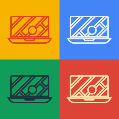 Şehir haritası yön bulma simgesinin popüler sanat çizgisi bilgileri renk arkaplanında izole edildi. Laptop Uygulama Arayüzü tasarımı. Yer belirleme konsepti. Vektör İllüstrasyonu