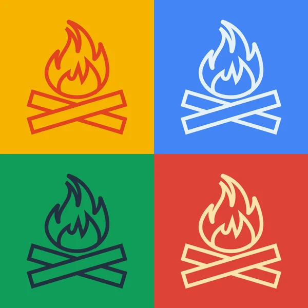 Pop-Art-Linie Lagerfeuer Symbol isoliert auf farbigem Hintergrund. Brennendes Feuer mit Holz. Vektorillustration — Stockvektor