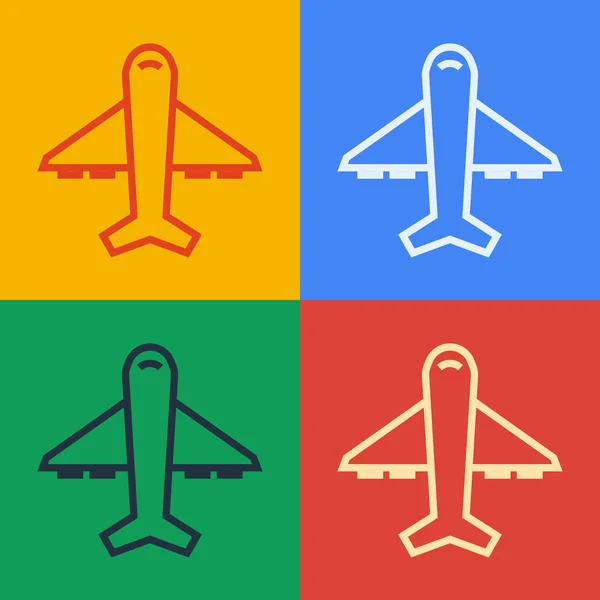 Pop art line Icono plano aislado sobre fondo de color. Icono del avión volador. Firma del avión. Ilustración vectorial — Vector de stock