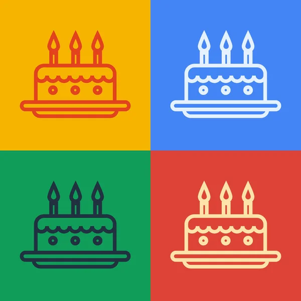 Pop art ligne Gâteau avec des bougies brûlantes icône isolée sur fond de couleur. Joyeux anniversaire. Illustration vectorielle — Image vectorielle