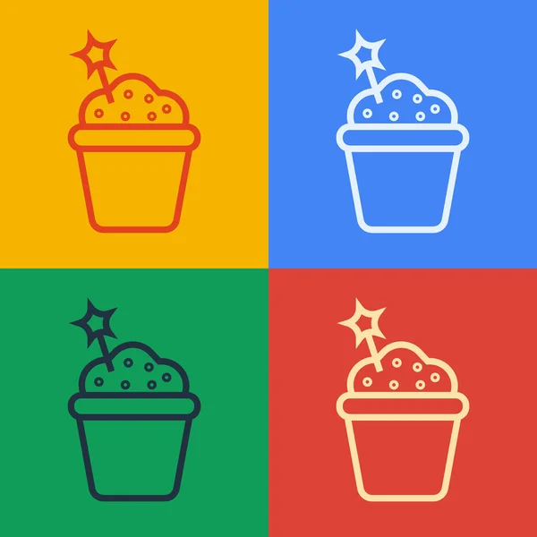 Pop art lijn Cake pictogram geïsoleerd op kleur achtergrond. Gefeliciteerd met je verjaardag. Vector Illustratie — Stockvector