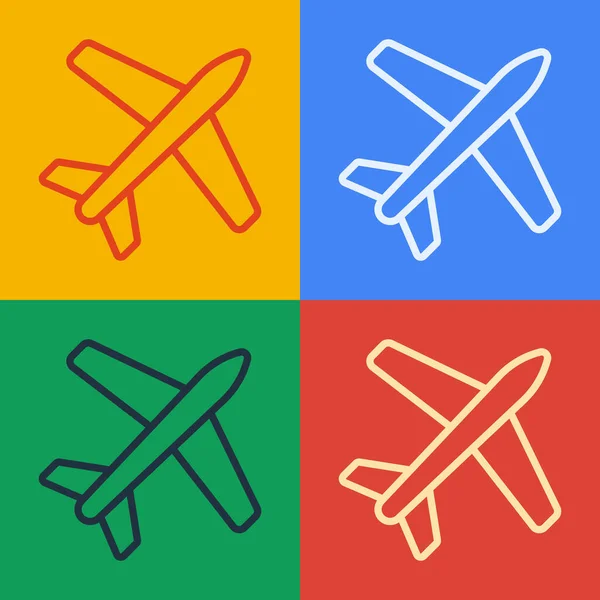 Поп-артистична лінія Піктограма площини ізольована на кольоровому фоні. Значок літаючого літака. Знак авіалайнера. Векторна ілюстрація — стоковий вектор