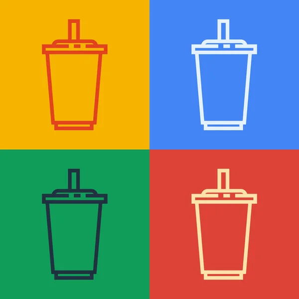 Pop Art Linie Papierglas mit Trinkhalm und Wassersymbol isoliert auf farbigem Hintergrund. Soda-Glas vorhanden. Symbol für frische Kaltgetränke. Vektorillustration — Stockvektor