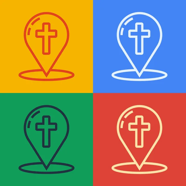ポップアートライン色の背景に隔離されたキリスト教の十字アイコンと地図ポインタ。ベクターイラスト — ストックベクタ