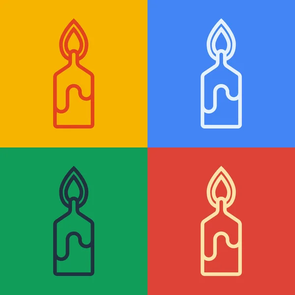 Pop-Art-Linie Brennendes Kerzensymbol isoliert auf farbigem Hintergrund. Zylindrischer Kerzenstock mit brennender Flamme. Vektorillustration — Stockvektor