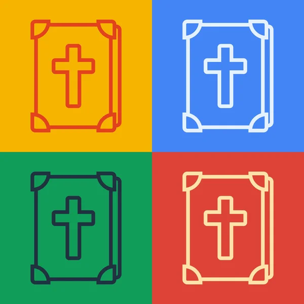 Pop-Art-Linie Heilige Bibel Buch Symbol isoliert auf farbigem Hintergrund. Vektorillustration — Stockvektor