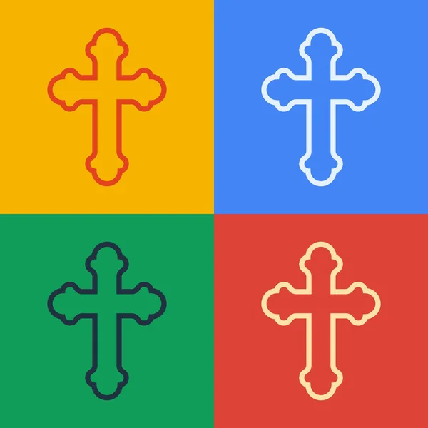 Pop art line Christian cross icon isolated on color background. Church cross. Vector Illustration — Stock Vector