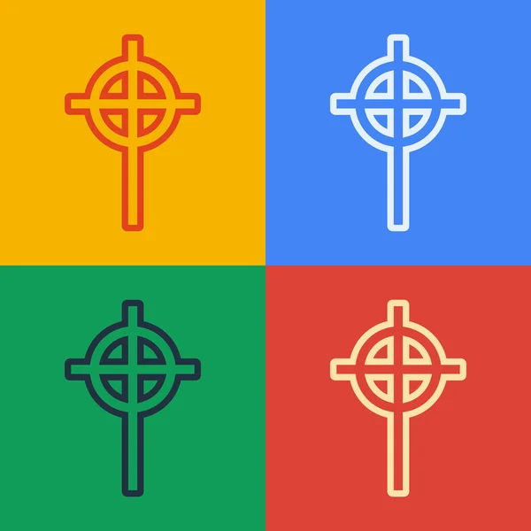 ポップアートライン色の背景に隔離されたキリスト教の十字アイコン。教会の十字架。ベクターイラスト — ストックベクタ