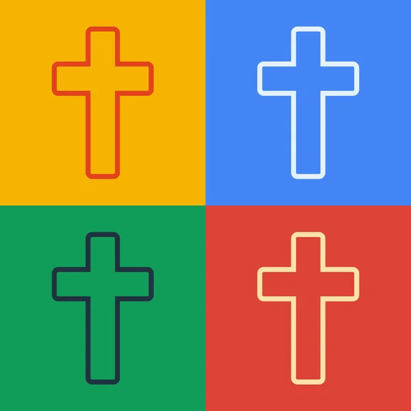 Pop art line Icono de cruz cristiana aislado en el fondo de color. Cruz de iglesia. Ilustración vectorial — Vector de stock