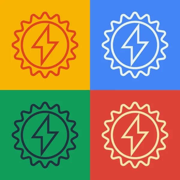 Pop art lijn Zonne-energie paneel pictogram geïsoleerd op kleur achtergrond. Zon met bliksem symbool. Vector Illustratie — Stockvector