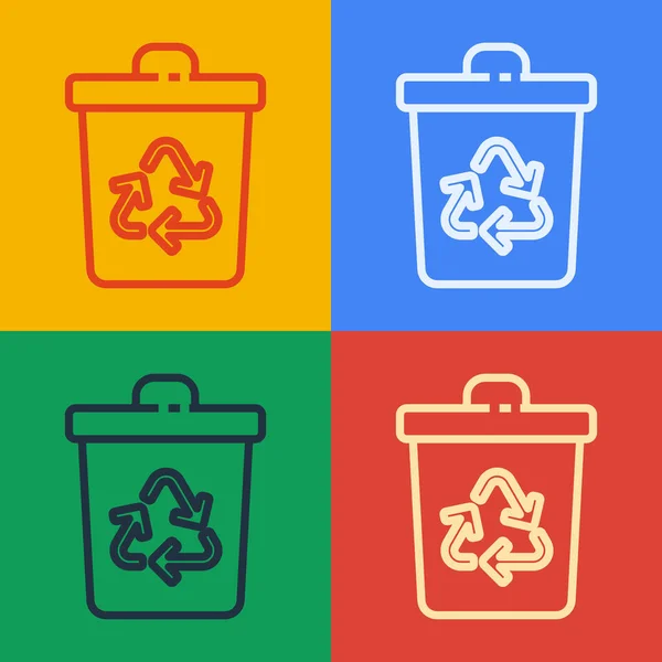 Pop-Art-Linie Papierkorb mit recyceltem Symbol auf farbigem Hintergrund isoliert. Mülleimer-Symbol. Mülleimer-Schild. Papierkorb-Schild. Vektorillustration — Stockvektor