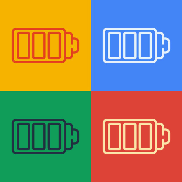 Pop art line Battery charge level indicator icon isolated on color background. Vector Illustration