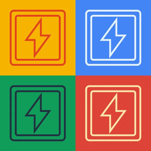 Pop linii sztuki Lightning bolt ikona izolowana na tle koloru. Flashowy. Ładuj ikonę flash. Piorun. Strajk świetlny. Ilustracja wektora — Wektor stockowy